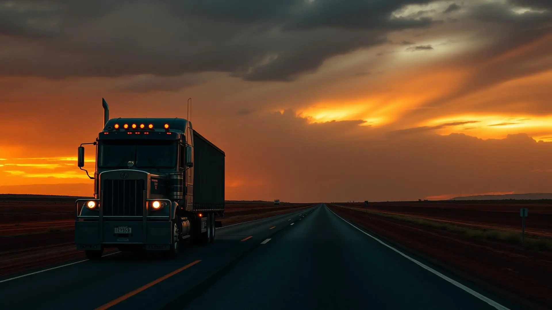 Road train at dusk on an Australian highway