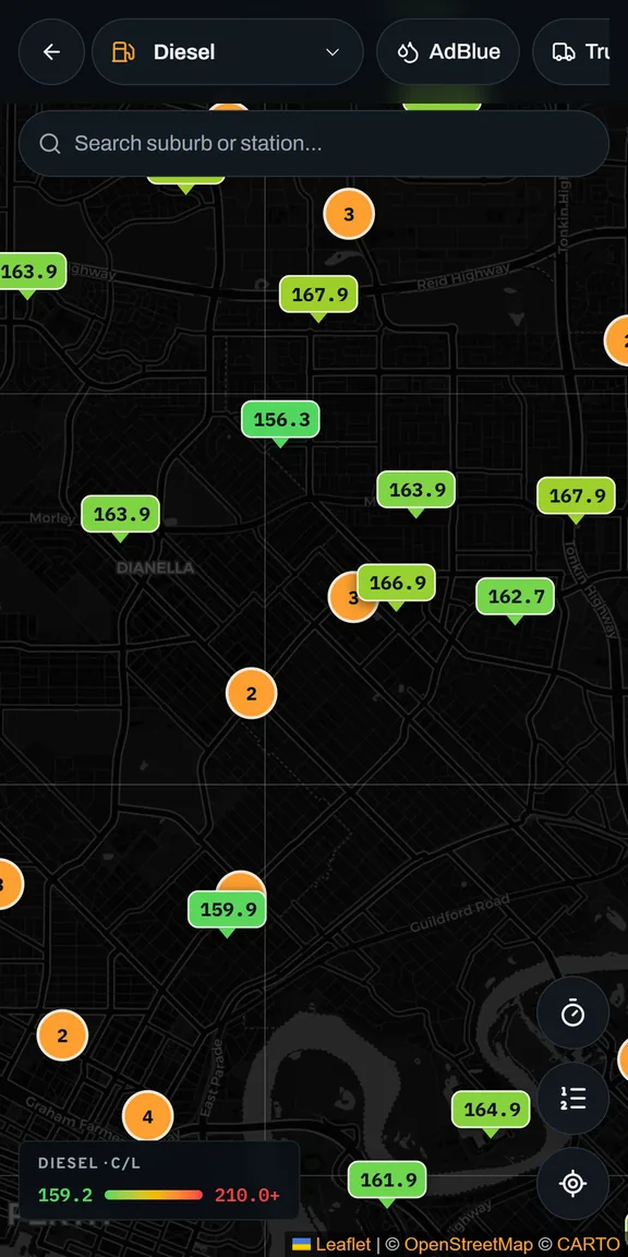 WayBeacon live map showing colour-coded diesel prices around Perth